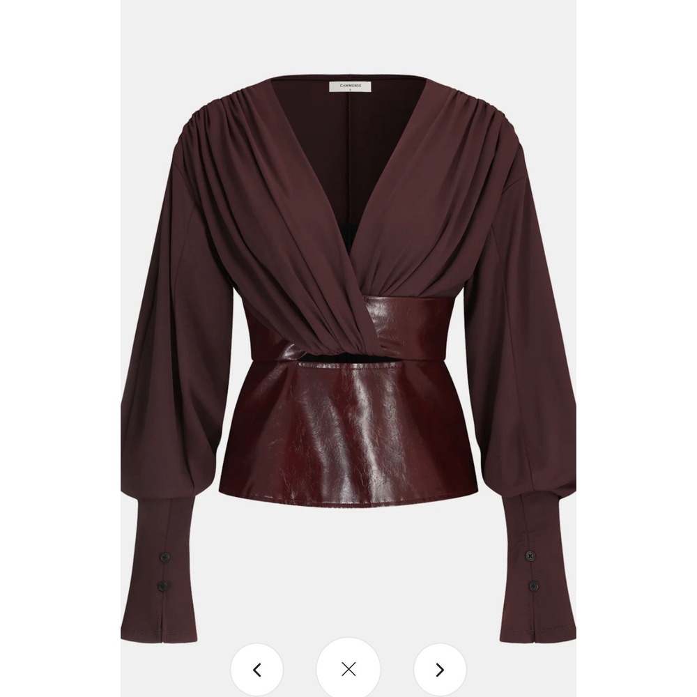Commense Burgundy Faux Leather Draped V-Neck Peplum Top‎ XS